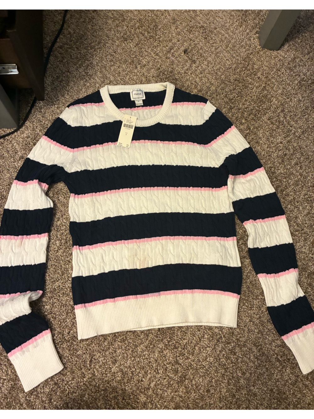 Maeve Navy, White & Pink Striped Crewneck Sweater Dress